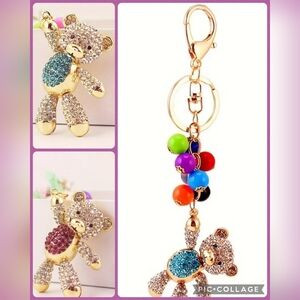 🆕️🧸🎈 RHINESTONE TEDDY BEAR HANGING FROM BALLOONS BAG CHARM / KEY CHAIN🎈🧸